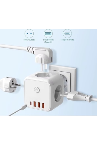 3 Ac Priz Soketli 3 Usb+type-c Akım Korumalı, 7 İn 1 Priz, 16a Maks, 4000w