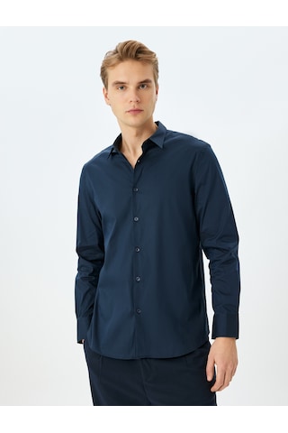 Koton Yarım İtalyan Yaka Pamuklu Uzun Kollu Slim Fit Gömlek Lacivert 5sam60055hw Lacivert