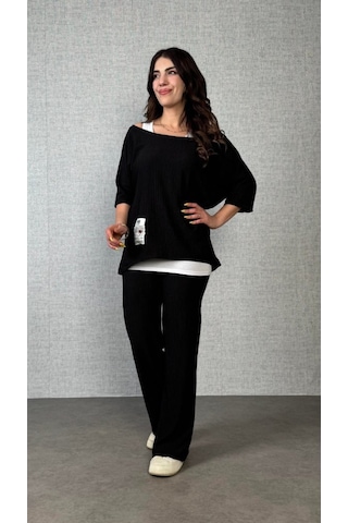 Sensuelle Kadın Kısa Kollu Omuzlardan Açık Yarasa Kollu Bürümcük Bluz Ve Pantolon Ve Viskon Atlet Siyah