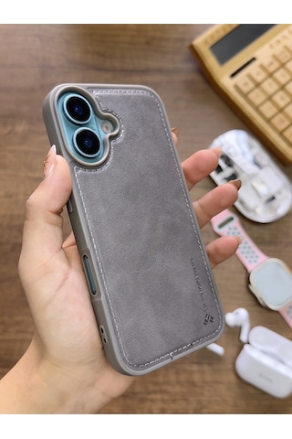 Apple iPhone 16 Uyumlu Premium Deri Dokulu Darbelere Karşı Dayanıklı Nazal Silikon Kılıf Gri