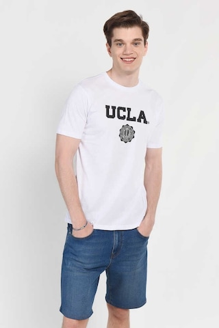 Ucla Gayley Beyaz Bisiklet Yaka Baskılı Standard Fit Erkek Tshirt Siyah