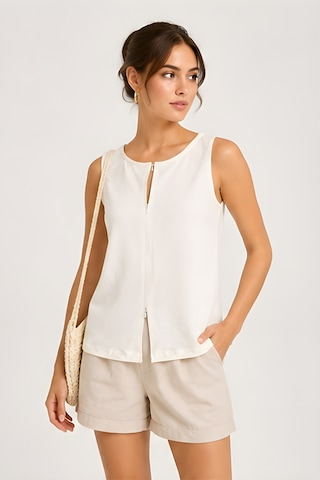 Lili Woman Kadın Ekru Çift Yön Fermuarlı Premium Fit Form Kolsuz Crop Bluz 5057 Beyaz