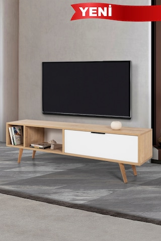3640 Venüs 160 Cm Ahşap Ayaklı , Metal Kulplu Tv Ünitesi , Safir - Beyaz , Tv Sehpası , Salon Safir - Beyaz