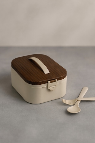 Lunchee - Çelik Bölmeli Sızdırmaz Ahşap Görünümlü Vakum Kapaklı Yemek Kabı Lunchbox 650 Ml Kahverengi