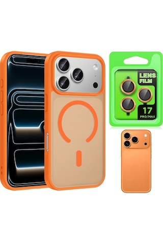 Vendas Apple iPhone Uyumlu 17 Pro Max Kılıf M-safe Şarj Özellikli Zore Babet Kapak + Kamera Lens Koruyucu Turuncu