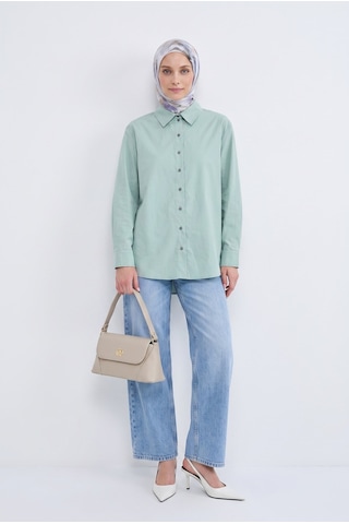 Armine Trend Gömlek Yaka Boydan Düğmeli Uzun Kollu Rahat Kesim Gömlek 75 Cm Boy Mint 26yt455