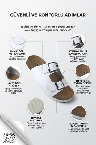 Rap Rap Hakiki Deri Ortopedik Taban Unisex Çocuk Terlik Beyaz
