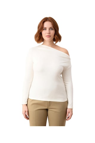 Ersefa Kadın Ekru Viskon Ribana Basic Bluz Asimetrik Yaka Cool & Comfort