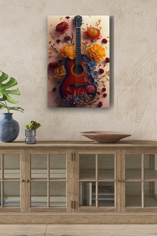 Etrafı Çiçek Kaplı Gitar Yağlı Kanvas Tablo