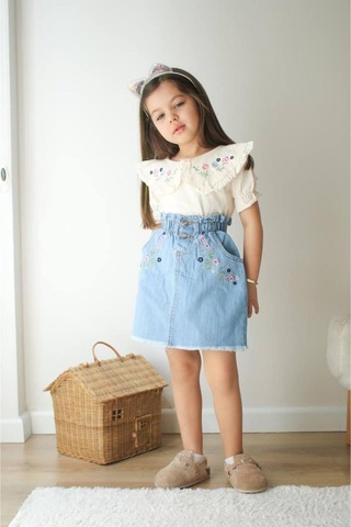 Çiçek Nakış İşlemeli Kot Etekli Kız Çocuk Takım Mavi