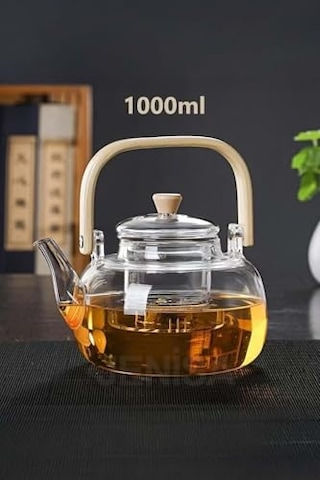 Ayrex Ahşap Saplı Cam Filtreli Demlik 1000 Ml - Isıya Dayanıklı Cam Bitki Çayı Demlik Diğer