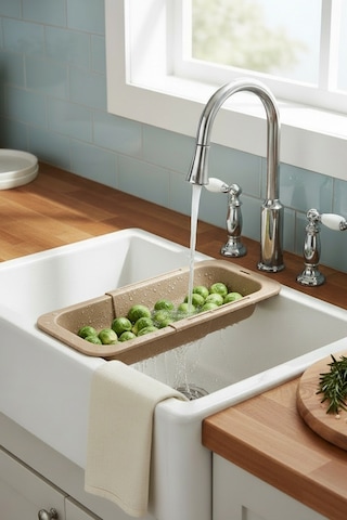 Sieve Bej - Pratik Ayarlanabilir Sürgülü Lavabo Süzgeci - Meyve Sebze Yıkama Aparatı Bej