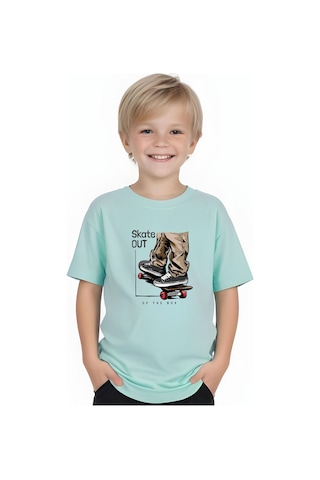 Fyk Kids Erkek Çocuk Yuvarlak Yaka Skate Out Baskılı T-shirt Mint Yeşil