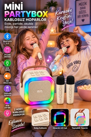 Blic Bls-97 Bej Partybox Çift Kablosuz Mikrofonlu Rgb Led Işıklı Taşınabilir Bluetooth Hoparlör