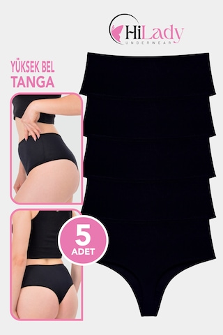 Hilady Kadın Tanga, Yüksek Bel Tanga 5'li Paket String, Tanga Külot Pamuklu Kumaş Siyah