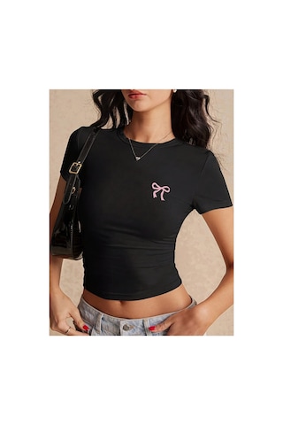Nevermind Kadın Crop Baby Tee Fiyonk Baskılı Dar Kesim Y2k Estetik %100 Pam Siyah