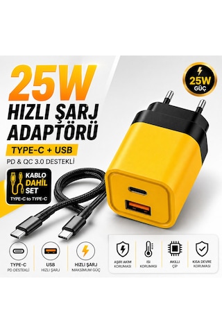 25w Hızlı Şarj Adaptörü + Type-c To Type-c Kablo Seti Pd & Qc 3.0 Destekli Usb + Type-c Çift Giriş Akıllı Koruma Hızlı Şarj Aleti Sarı