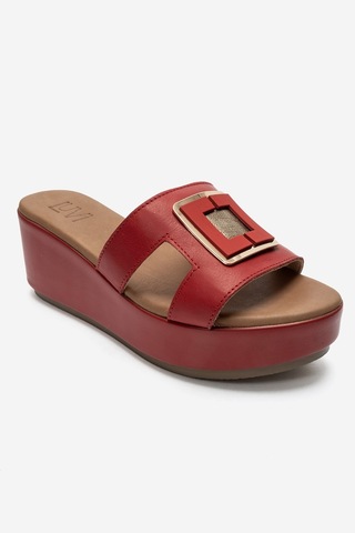 Luvi Shoes Hıola Kırmızı Hakiki Deri Tokalı Kadın Dolgu Topuklu Terlik
