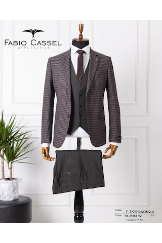 Fabio Cassel Slim Fit Mono Yaka Çift Yırtmaçlı Astarlı Takım Elbise Yelekli Kahverengi