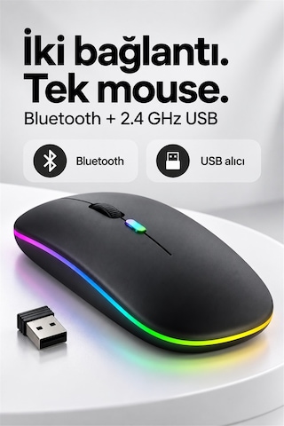 Siyah Şarjlı Kablosuz Sessiz Click Mouse Rgb Led Işıklı Ultra Slim 2.4ghz 800/1200/1600dpı Siyah 53923 - 936314570 Diğer