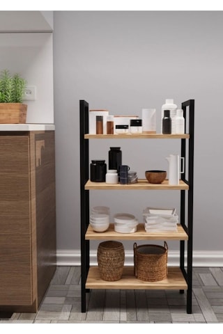 Dört Rafli Çok Amaçli Rafli Ünite Siyah Profil Çam Sunta 50x23x100 Cm Mtl014 Siyah-çam