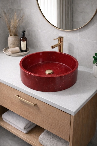 Mermer Desenli Tezgah Üstü Yuvarlak Çanak Taş Lavabo 45 Cm Bordo