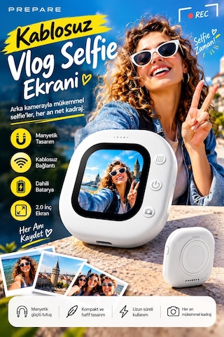 Manyetik Arka Kamera Selfie Ekranı 2.0 İnç Kablosuz Mini Vlog Monitörü Şarjlı Telefon Aksesuarı Beyaz