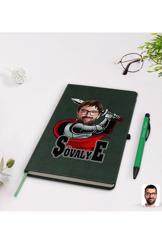 Kişiye Özel Şövalye Karikatürlü Yeşil Termo Deri Defter Kalem Set