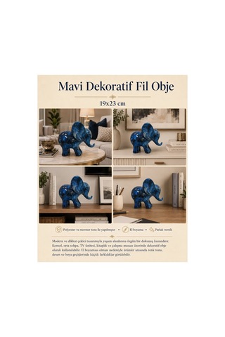 Dekoratif Fil Heykeli Mavi 19x23 Cm Modern Biblo, Masaüstü Ve Konsol Üstü Ev & Ofis Dekorasyon Objesi