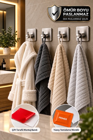 4 Adet Kare Tekli Modern Banyo Askılık 45 Mm Paslanmaz Çelik Delmeden Yapışkan Montaj Inox