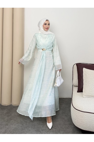 Mihran Butik Silk Model Kemerli Bilek Büzgü Desen Detaylı Kadın Elbise Mint