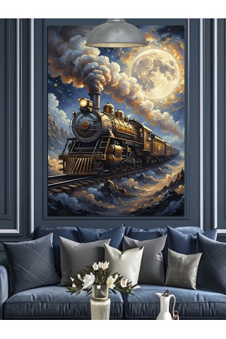 Gece,dolunay Ve Retro Kara Tren Dekoratif Kanvas - Mdf Ahşap Tablo