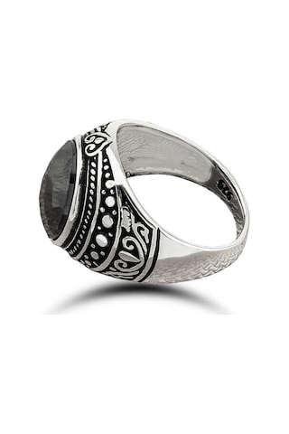 Gümüş Siyah Zirkon Taşlı Oval Erkek Yüzük T8453