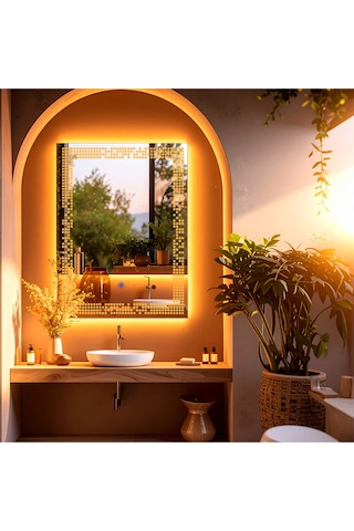 Solrae Amber Led'li Lazer Kumlamalı Lavabo & Banyo Aynası Dokunmatik Sensörlü 70 X 50 Turuncu