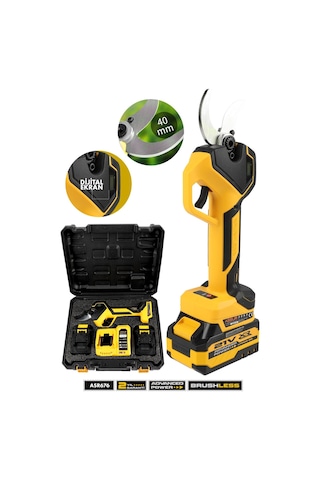 Assur 21v Çift Akülü 40 Mm Ağaç Odun Dal Kesme Makinesı Şarjlı Dijital Budama Makası Sarı-3010