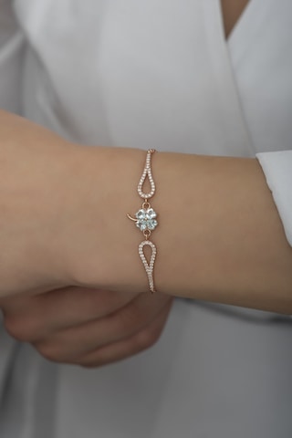 Nereze 925 Ayar Gümüş Kelepçe Model Aquamarin Taşlı Yonca Bileklik