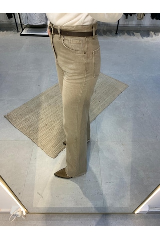 Bej Geniş Kesik Paça Wide Leg Kadın Jean Pantolon Bej