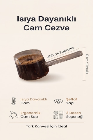 Isıya Dayanıklı Cam Cezve Şeffaf 400 Ml, 10 Cm Yükseklik, Cam Türk Kahvesi Cezvesi