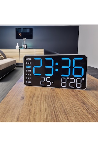 Hd Led Ekranlı Pilli Adaptörlü 2 Alarmlı Sıcaklık Tarih Göstergeli Mavi Beyaz Fonksiyonel Duvar Masa Saati Beyaz