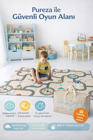 Pureza Çift Taraflı Katlanabilir Oyun Matı 200cmx130cmx1cm Kaymaz, Darbe Emici, Su Geçirmez, Bebek Ve Çocuklar İçin, Yeşil Parkur/Araba Yarışı, Taşıma Çantası Hediyeli Yerli Üretim
