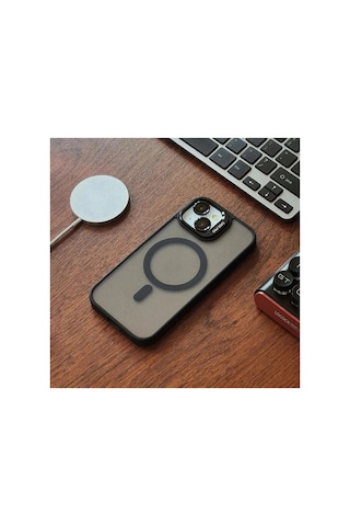 iPhone Uyumlu 13 / 14 Kamera Korumalı Stantlı Magsafe Destekli Mat Lens Koruyucu Telefon Kılıfı Black
