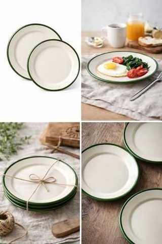 4&apos Lü Emaye Servis Tabağı Seti - 25 Cm Krem Renkli Yeşil Kenarlı Yemek Tabağı Takımı - Nostaljik Tasarım, Dayanıklı Ve Sağlıklı Mutfak Gereçleri - Kamp Ve Ev Kullanımına Uygun Açık