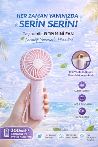 Taşınabilir Mini Fan 300mah Kablosuz Sessiz Güçlü Motor Yaz İçin Serinlik Sağlar 3 Kademeli Serinlik