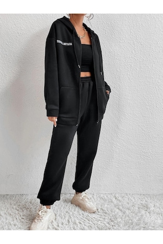 Unisex Hırka Eşofman Altı Jogger- Siyah Alt Üst Kombin Takım Baskılı Oversize Kapüşonlu Siyah