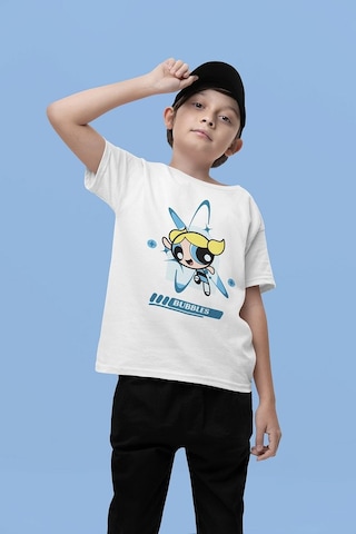 Sevbano Power Puff Girls Bubbles Baskılı Unisex Çizgi Film Çocuk Tişört Beyaz