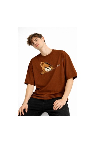 Misa Tahtakale Mn - Bear Baskılı Oversize Tişört Kahve Çok Renkli