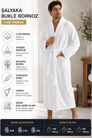 Tek Kişilik Banyo Bornozu %100 Pamuk Şalyaka Bukle Perla Collection Beyaz