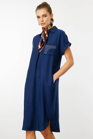 Desen Triko Kadın Polo Yaka Cebi Zincir Detaylı Elbise 25819 Indigo Indigo
