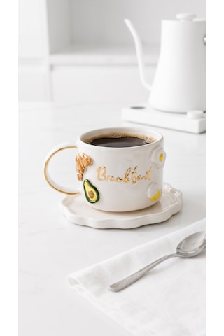Breakfast El Yapımı Seramik Kahve Kupası 24k Altın Detaylı Çok Renkli