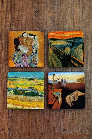 Doğal Taş Bardak Altlığı 4'lü Set 10x10x1 Cm Dali, Van Gogh, Klimt Eserleri-stone Coasters Çok Renkli
